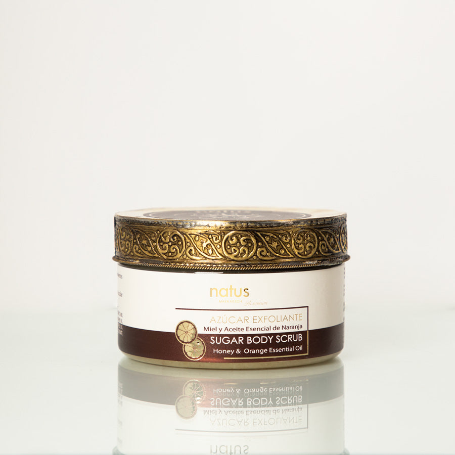 Zucchero Esfoliante Miele, olio essenziale di Arancia e Olio di Argan