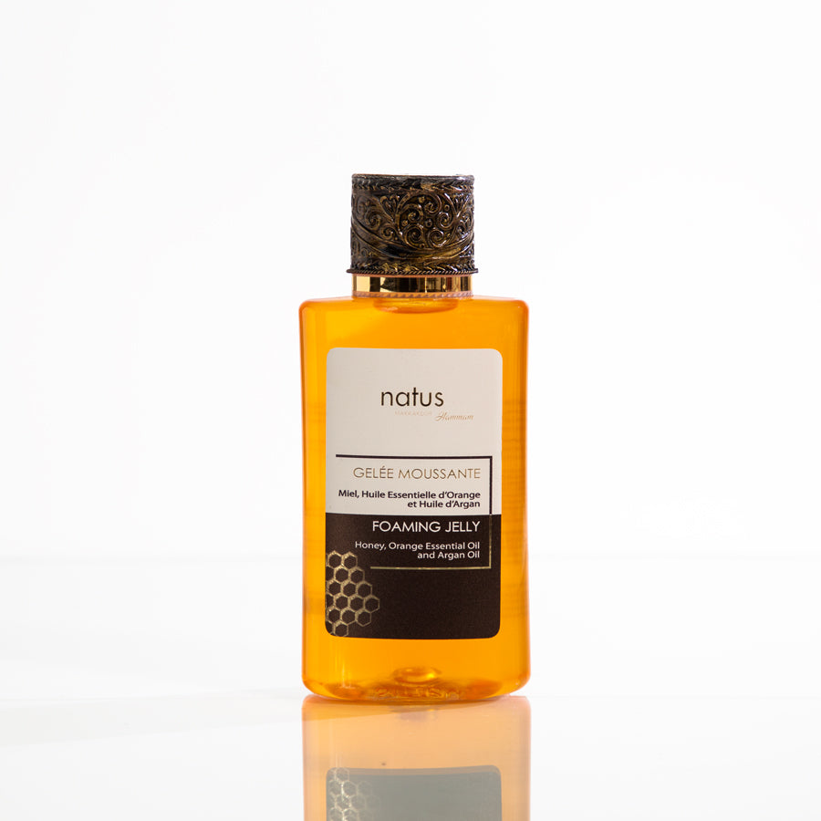 Gelatina Espumosa con Miel, aceite esencial de Naranja y aceite de Argán